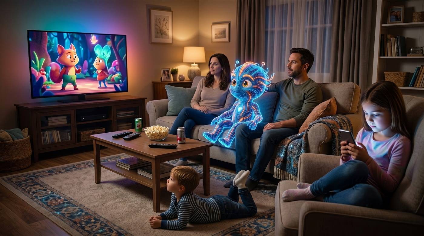 Família assistindo TV na sala com o Fibras, mascote da Interfibras